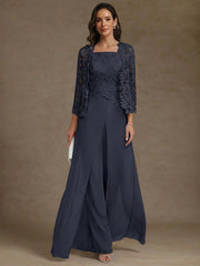 3 Pieces Square Collar Chiffon Mother Of The Bride Pantsuits With Jacket Lace Ankle Length With Overskirt 3 4 Sleeves