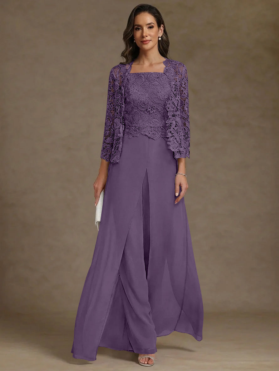3 Pieces Square Collar Chiffon Mother Of The Bride Pantsuits With Jacket Lace Ankle Length With Overskirt 3 4 Sleeves
