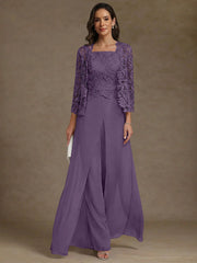 3 Pieces Square Collar Chiffon Mother of the Bride Pantsuits with Jacket Lace Ankle-Length with Overskirt 3/4 Sleeves