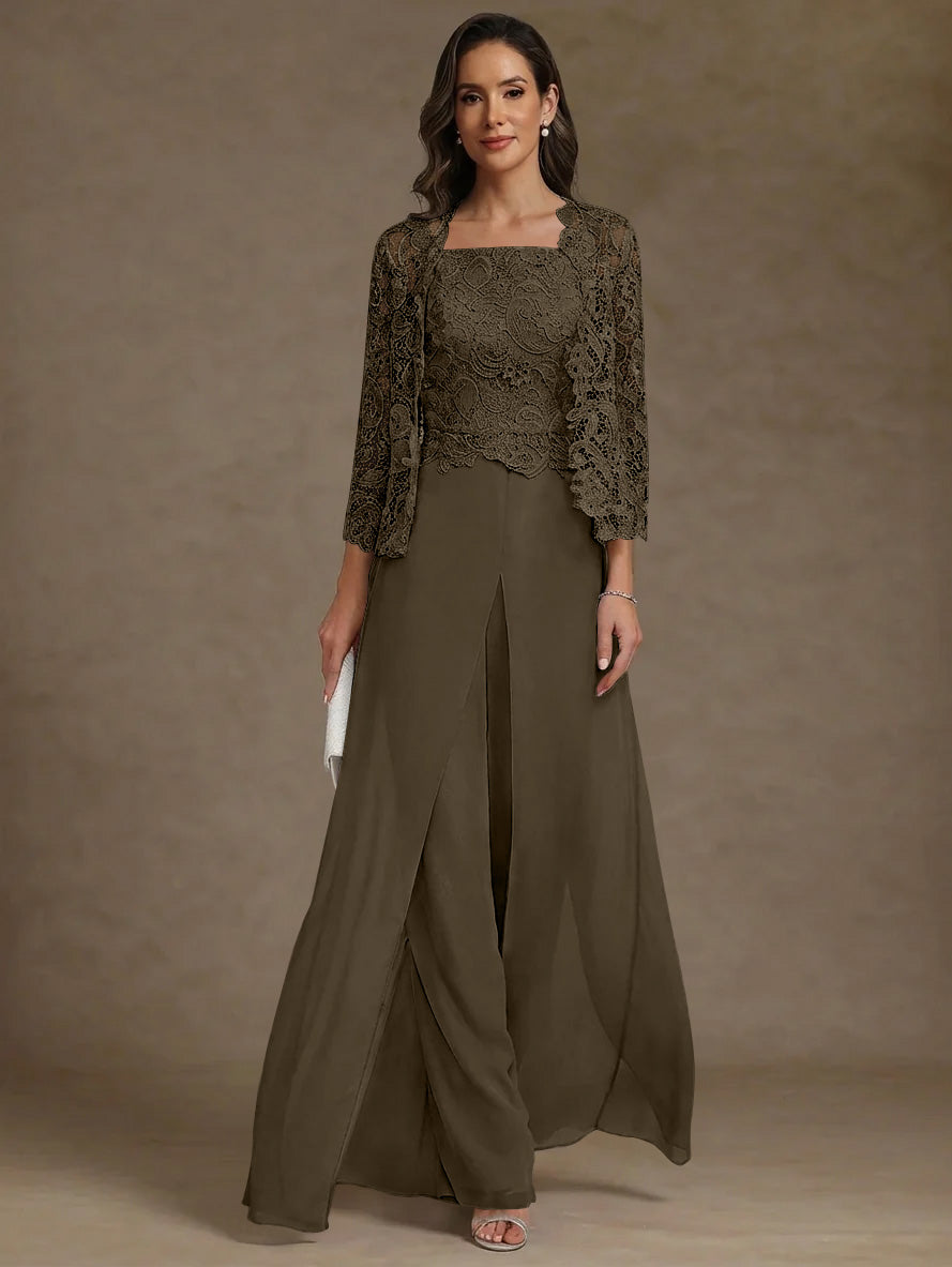 3 Pieces Square Collar Chiffon Mother Of The Bride Pantsuits With Jacket Lace Ankle Length With Overskirt 3 4 Sleeves