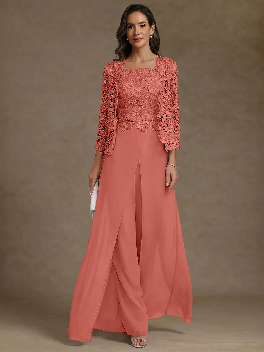 3 Pieces Square Collar Chiffon Mother Of The Bride Pantsuits With Jacket Lace Ankle Length With Overskirt 3 4 Sleeves
