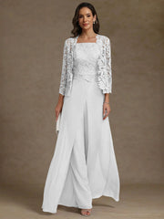 3 Pieces Square Collar Chiffon Mother of the Bride Pantsuits with Jacket Lace Ankle-Length with Overskirt 3/4 Sleeves