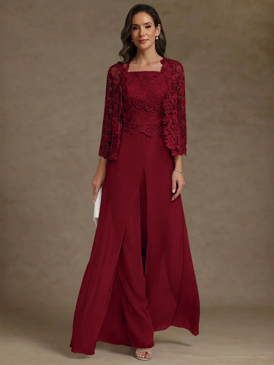 3 Pieces Square Collar Chiffon Mother Of The Bride Pantsuits With Jacket Lace Ankle Length With Overskirt 3 4 Sleeves
