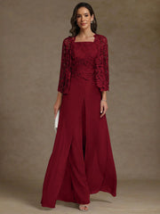 3 Pieces Square Collar Chiffon Mother Of The Bride Pantsuits With Jacket Lace Ankle Length With Overskirt 3 4 Sleeves