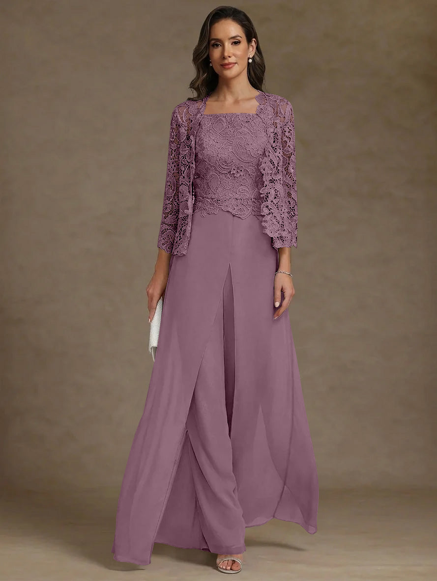 3 Pieces Square Collar Chiffon Mother Of The Bride Pantsuits With Jacket Lace Ankle Length With Overskirt 3 4 Sleeves
