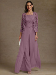 3 Pieces Square Collar Chiffon Mother Of The Bride Pantsuits With Jacket Lace Ankle Length With Overskirt 3 4 Sleeves