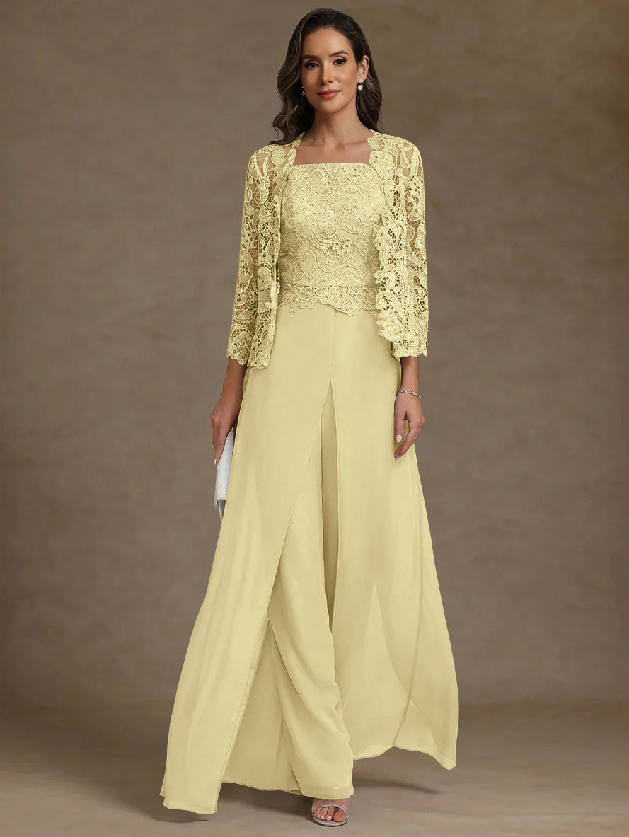 3 Pieces Square Collar Chiffon Mother Of The Bride Pantsuits With Jacket Lace Ankle Length With Overskirt 3 4 Sleeves