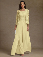 3 Pieces Square Collar Chiffon Mother Of The Bride Pantsuits With Jacket Lace Ankle Length With Overskirt 3 4 Sleeves
