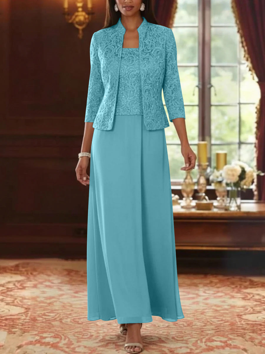 2 Pieces A Line Princess Square Collar Chiffon Mother Of The Bride Dresses With Jacket Lace Ankle Length 3 4 Sleeves