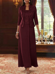 2 Pieces A Line Princess Square Collar Chiffon Mother Of The Bride Dresses With Jacket Lace Ankle Length 3 4 Sleeves