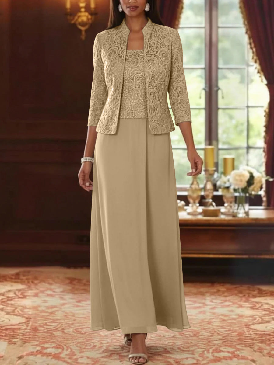 2 Pieces A Line Princess Square Collar Chiffon Mother Of The Bride Dresses With Jacket Lace Ankle Length 3 4 Sleeves