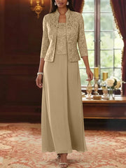 2 Pieces A Line Princess Square Collar Chiffon Mother Of The Bride Dresses With Jacket Lace Ankle Length 3 4 Sleeves