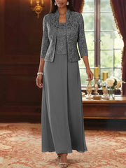 2 Pieces A Line Princess Square Collar Chiffon Mother Of The Bride Dresses With Jacket Lace Ankle Length 3 4 Sleeves