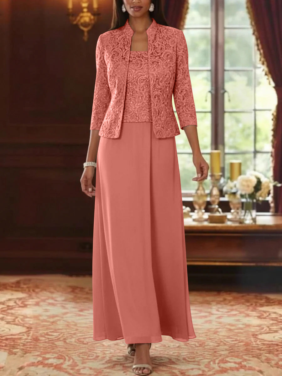 2 Pieces A Line Princess Square Collar Chiffon Mother Of The Bride Dresses With Jacket Lace Ankle Length 3 4 Sleeves