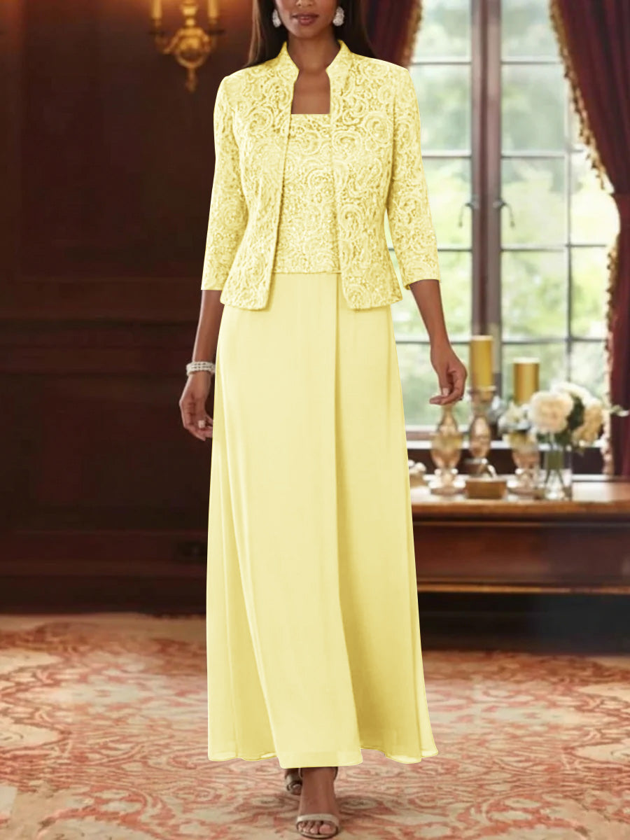 2 Pieces A Line Princess Square Collar Chiffon Mother Of The Bride Dresses With Jacket Lace Ankle Length 3 4 Sleeves