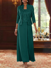 2 Pieces A Line Princess Square Collar Chiffon Mother Of The Bride Dresses With Jacket Lace Ankle Length 3 4 Sleeves