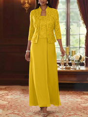 2 Pieces A Line Princess Square Collar Chiffon Mother Of The Bride Dresses With Jacket Lace Ankle Length 3 4 Sleeves