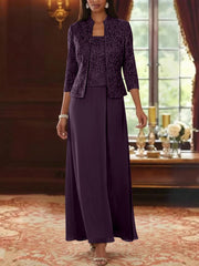 2 Pieces A Line Princess Square Collar Chiffon Mother Of The Bride Dresses With Jacket Lace Ankle Length 3 4 Sleeves