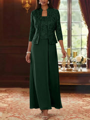 2 Pieces A Line Princess Square Collar Chiffon Mother Of The Bride Dresses With Jacket Lace Ankle Length 3 4 Sleeves