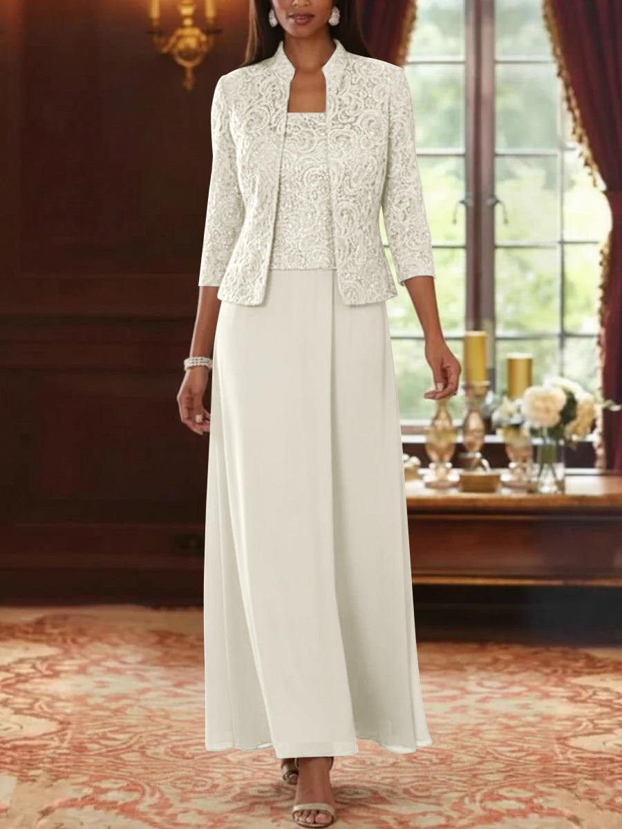 2 Pieces A Line Princess Square Collar Chiffon Mother Of The Bride Dresses With Jacket Lace Ankle Length 3 4 Sleeves
