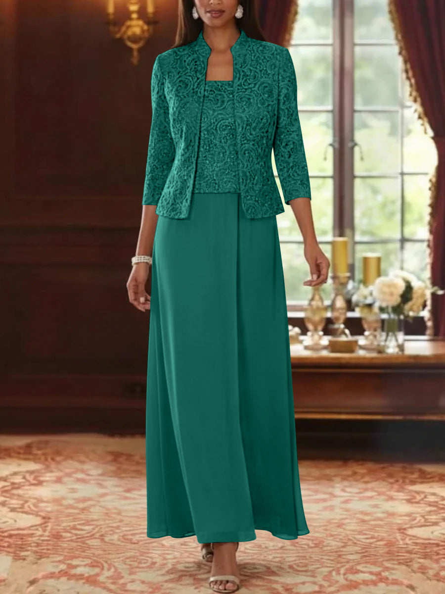 2 Pieces A Line Princess Square Collar Chiffon Mother Of The Bride Dresses With Jacket Lace Ankle Length 3 4 Sleeves