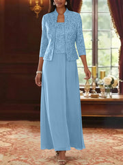 2 Pieces A Line Princess Square Collar Chiffon Mother Of The Bride Dresses With Jacket Lace Ankle Length 3 4 Sleeves