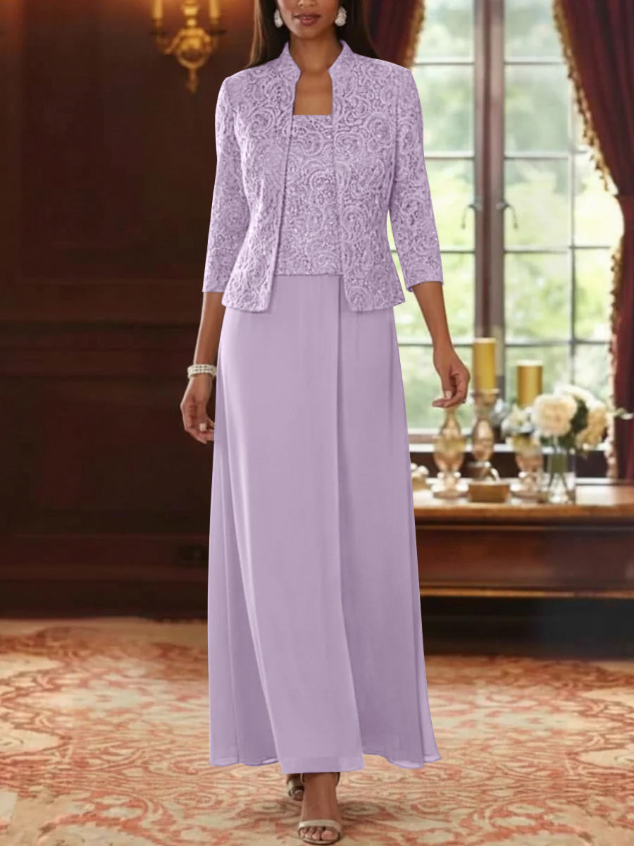 2 Pieces A Line Princess Square Collar Chiffon Mother Of The Bride Dresses With Jacket Lace Ankle Length 3 4 Sleeves