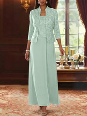 2 Pieces A Line Princess Square Collar Chiffon Mother Of The Bride Dresses With Jacket Lace Ankle Length 3 4 Sleeves