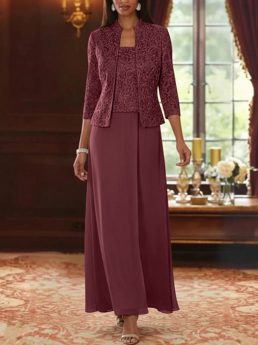 2 Pieces A Line Princess Square Collar Chiffon Mother Of The Bride Dresses With Jacket Lace Ankle Length 3 4 Sleeves