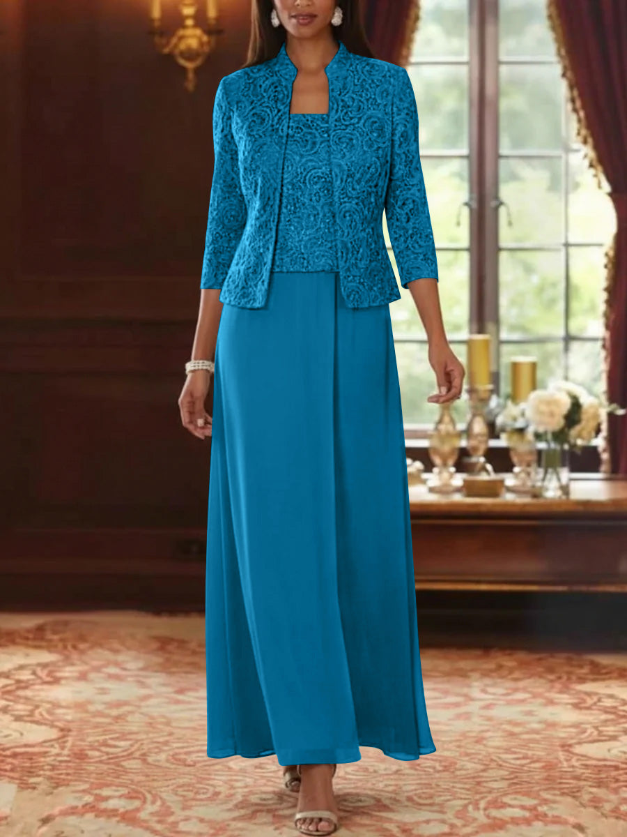 2 Pieces A Line Princess Square Collar Chiffon Mother Of The Bride Dresses With Jacket Lace Ankle Length 3 4 Sleeves