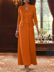 2 Pieces A Line Princess Square Collar Chiffon Mother Of The Bride Dresses With Jacket Lace Ankle Length 3 4 Sleeves