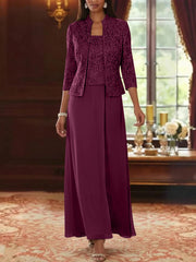 2 Pieces A Line Princess Square Collar Chiffon Mother Of The Bride Dresses With Jacket Lace Ankle Length 3 4 Sleeves