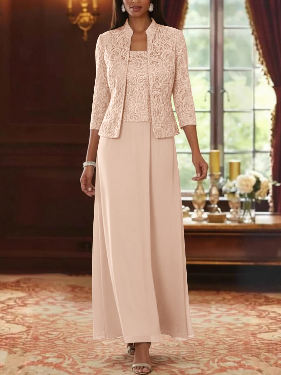 2 Pieces A Line Princess Square Collar Chiffon Mother Of The Bride Dresses With Jacket Lace Ankle Length 3 4 Sleeves