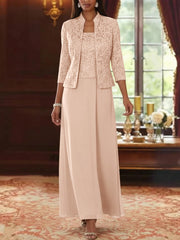 2 Pieces A Line Princess Square Collar Chiffon Mother Of The Bride Dresses With Jacket Lace Ankle Length 3 4 Sleeves