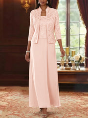 2 Pieces A Line Princess Square Collar Chiffon Mother Of The Bride Dresses With Jacket Lace Ankle Length 3 4 Sleeves