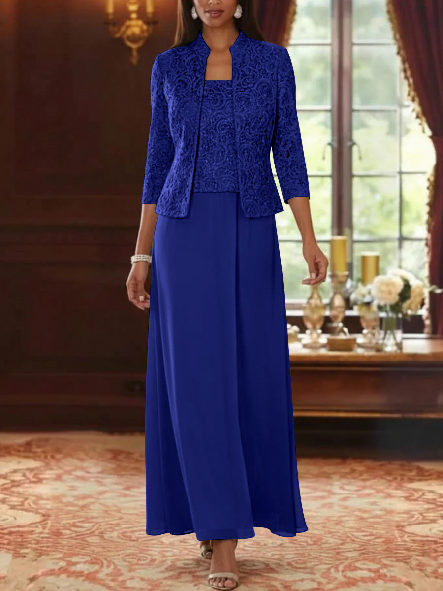 2 Pieces A Line Princess Square Collar Chiffon Mother Of The Bride Dresses With Jacket Lace Ankle Length 3 4 Sleeves
