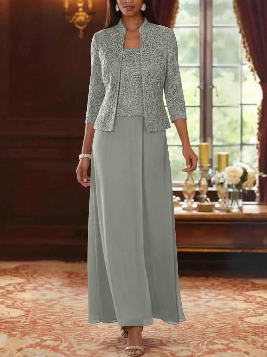 2 Pieces A Line Princess Square Collar Chiffon Mother Of The Bride Dresses With Jacket Lace Ankle Length 3 4 Sleeves