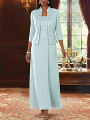 2 Pieces A Line Princess Square Collar Chiffon Mother Of The Bride Dresses With Jacket Lace Ankle Length 3 4 Sleeves