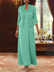2 Pieces A Line Princess Square Collar Chiffon Mother Of The Bride Dresses With Jacket Lace Ankle Length 3 4 Sleeves