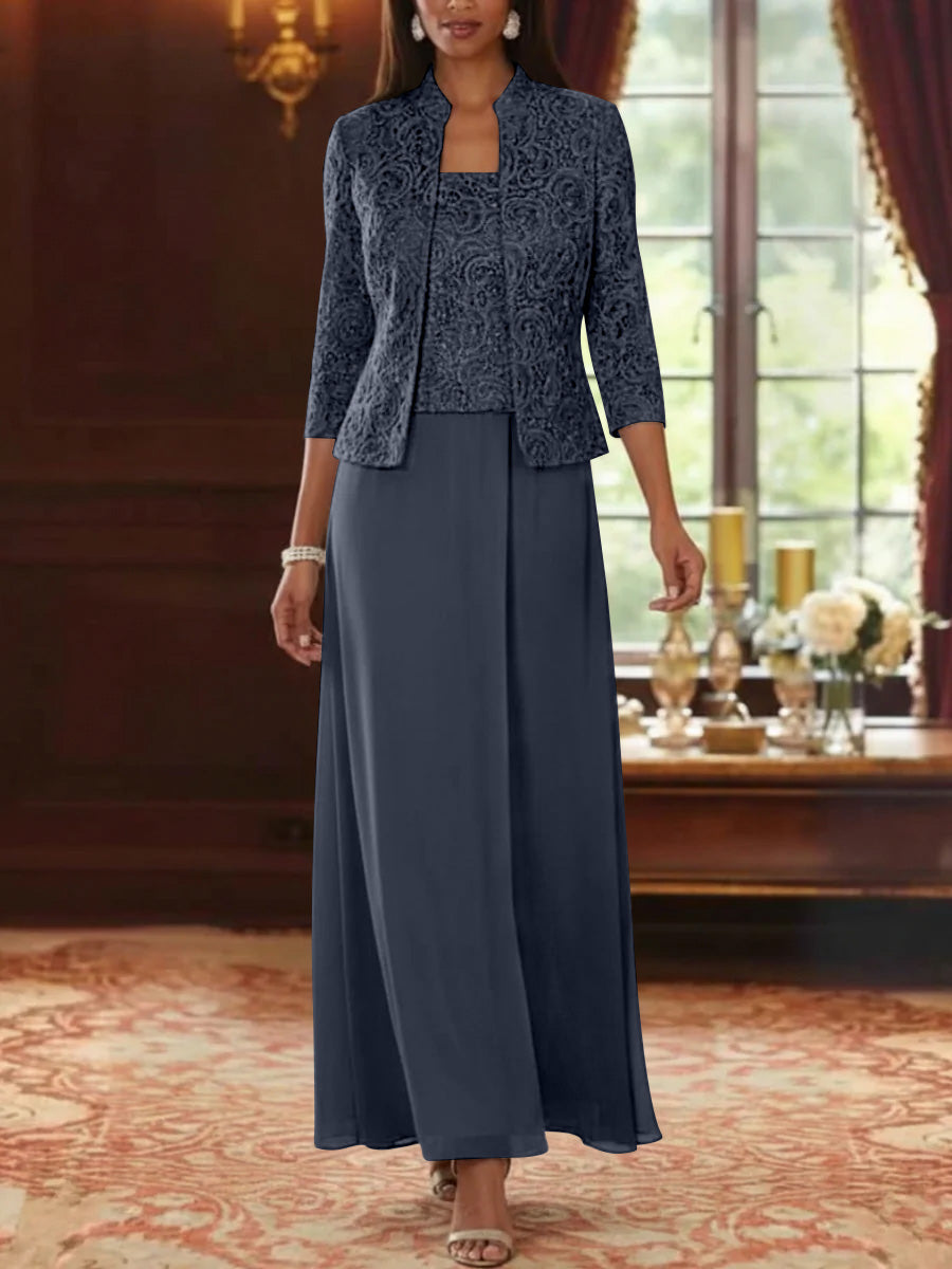 2 Pieces A Line Princess Square Collar Chiffon Mother Of The Bride Dresses With Jacket Lace Ankle Length 3 4 Sleeves