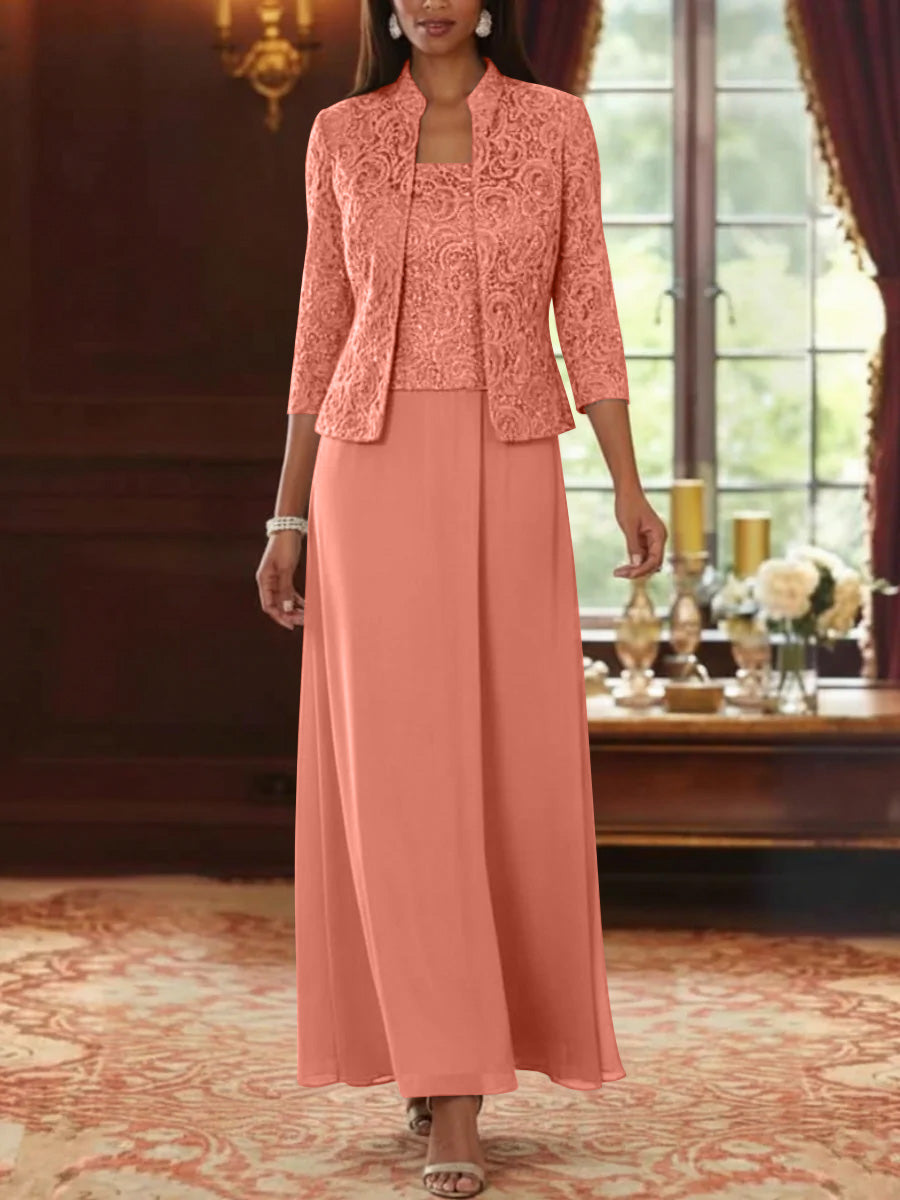 2 Pieces A Line Princess Square Collar Chiffon Mother Of The Bride Dresses With Jacket Lace Ankle Length 3 4 Sleeves