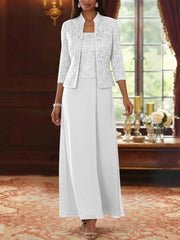 2 Pieces A Line Princess Square Collar Chiffon Mother Of The Bride Dresses With Jacket Lace Ankle Length 3 4 Sleeves