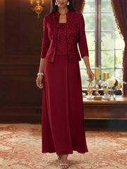 2 Pieces A Line Princess Square Collar Chiffon Mother Of The Bride Dresses With Jacket Lace Ankle Length 3 4 Sleeves
