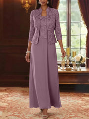 2 Pieces A Line Princess Square Collar Chiffon Mother Of The Bride Dresses With Jacket Lace Ankle Length 3 4 Sleeves
