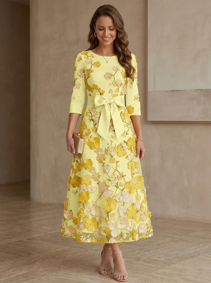 A Line Princess Scoop Satin Mother Of The Bride Dresses With Bowknot Lace Floral 3 4 Sleeves Tea Length