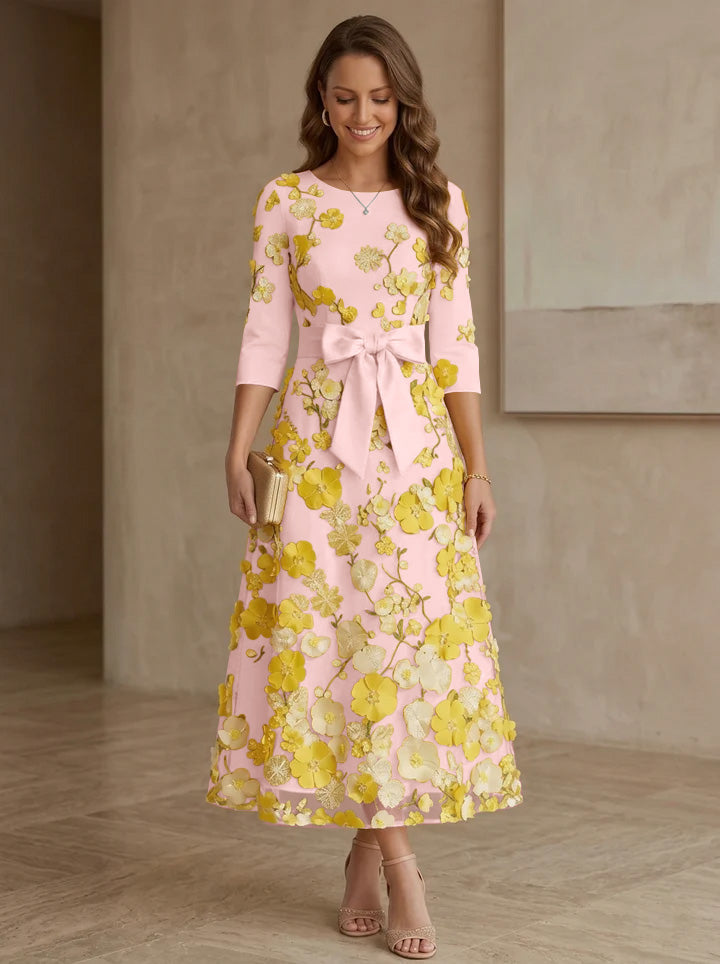 A Line Princess Scoop Satin Mother Of The Bride Dresses With Bowknot Lace Floral 3 4 Sleeves Tea Length