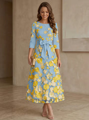 A-Line/Princess Scoop Satin Mother of the Bride Dresses with Bowknot Lace Floral 3/4 Sleeves Tea-Length
