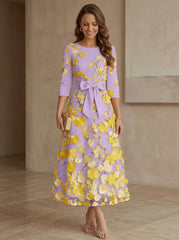 A Line Princess Scoop Satin Mother Of The Bride Dresses With Bowknot Lace Floral 3 4 Sleeves Tea Length