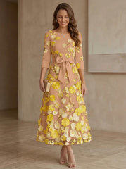A Line Princess Scoop Satin Mother Of The Bride Dresses With Bowknot Lace Floral 3 4 Sleeves Tea Length