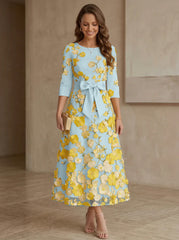 A-Line/Princess Scoop Satin Mother of the Bride Dresses with Bowknot Lace Floral 3/4 Sleeves Tea-Length